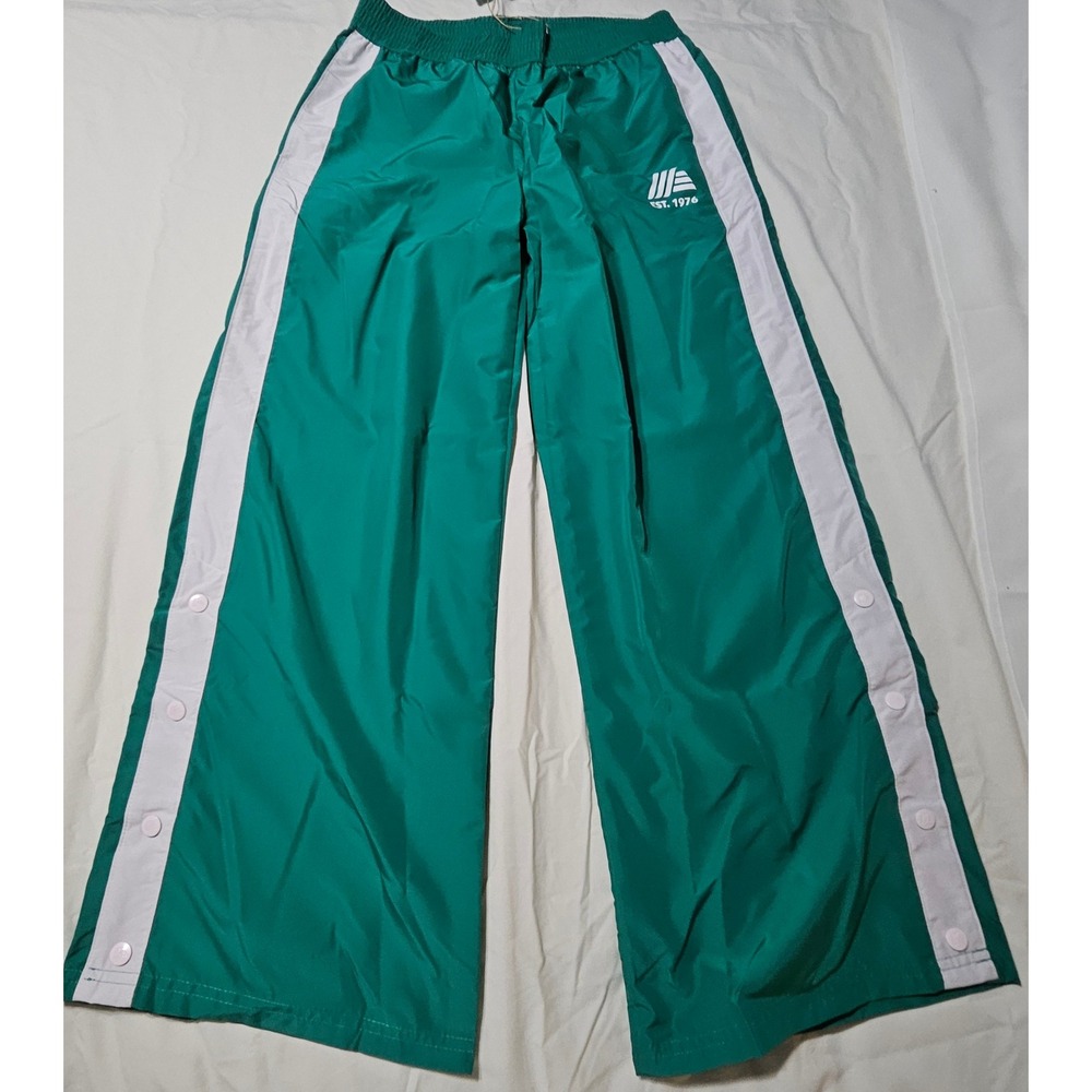 Aldi Gear Track Pants Women Small Green White Stripe Snap Button Loose Fit Retro